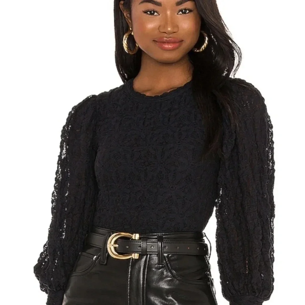 Free People Tea Time Puff Sleeve Black Top XL